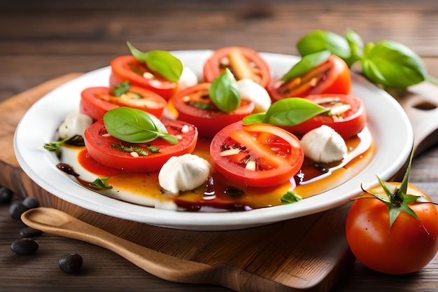 A plate of tomatoes and mozzarella with basil on the side