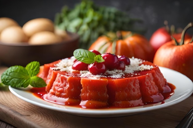 A plate of tomatoes and parsley with a red sauce on it.