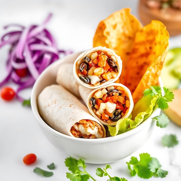 a plate of tortillas with a salad and a bowl of tortilla chips