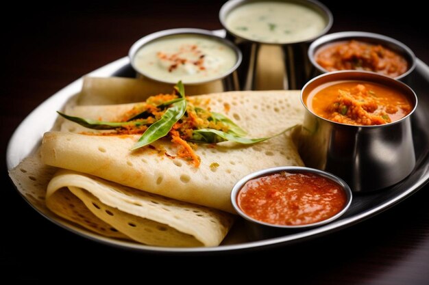 a plate of tortillas with a side of dips and dips