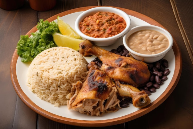 Plate of traditional colombian dish with chicken rice and beans