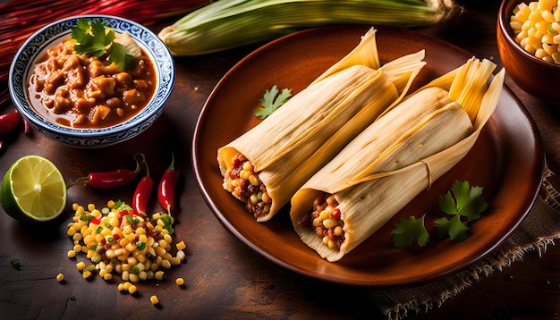 A plate of traditional tamales served with a side of Mexican street corn