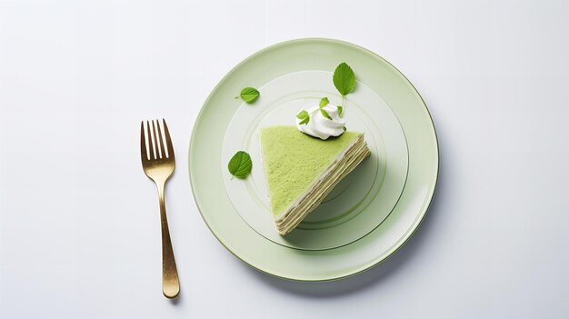 A plate of trendy matcha mille crepe cake on a minimalist white table