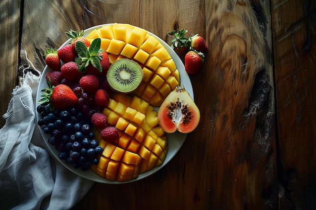 A plate of tropical fruits on a wooden table