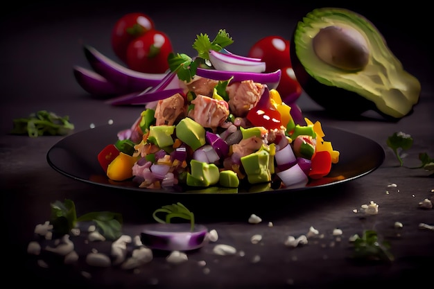 A plate of tuna salad with avocado, avocado, and tomatoes