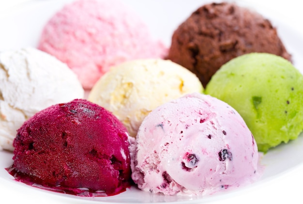 Plate of various scoops of ice cream