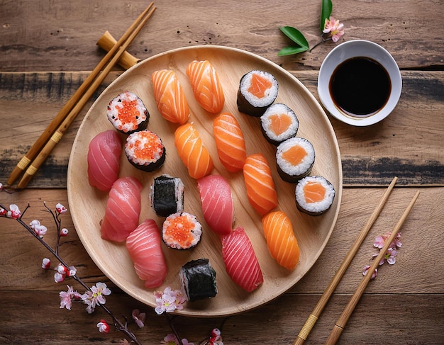 a plate of various types of japanese sushi with sakura flower