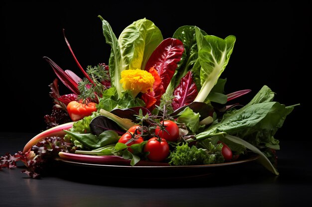 a plate of vegetables on a black surface