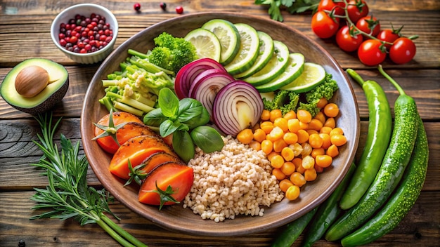 Photo a plate of vegetables including beans rice and beans