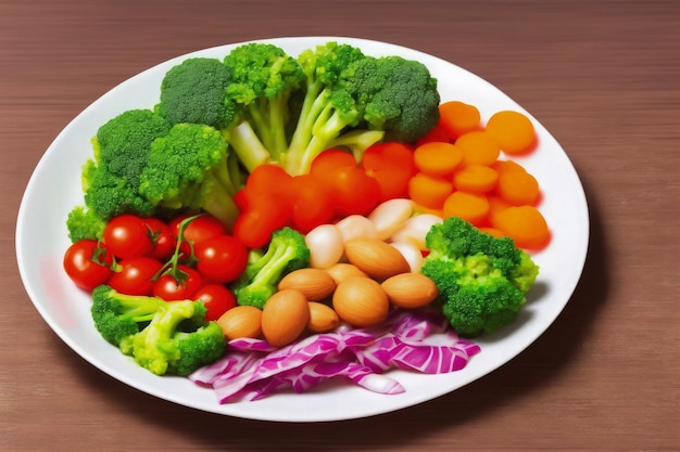 A plate of vegetables including broccoli, carrots, and eggs.