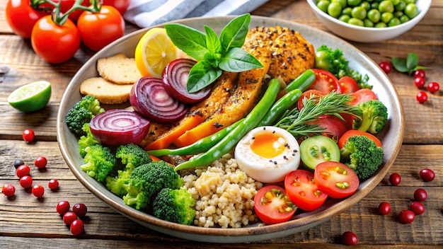 Photo a plate of vegetables including broccoli rice and tomatoes