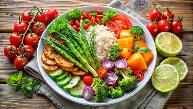 Photo a plate of vegetables including broccoli rice and tomatoes