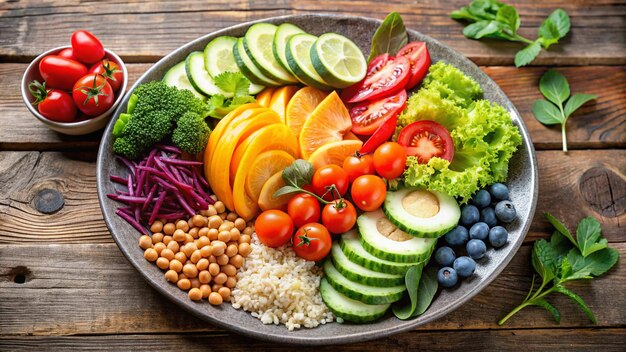 a plate of vegetables including broccoli tomatoes and rice