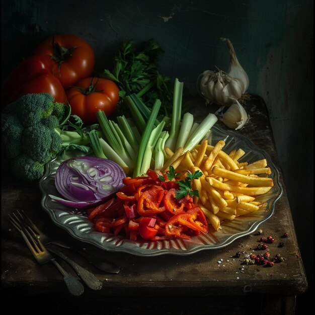 a plate of vegetables including onions broccoli peppers and onions