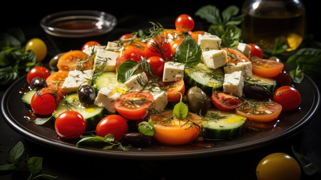 a plate of vegetables including tomatoes, cucumber, and cheese.