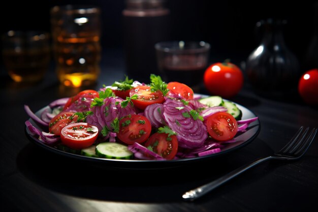 a plate of vegetables and tomatoes