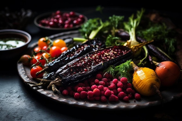 a plate of vegetables with a bottle of wine in the background.