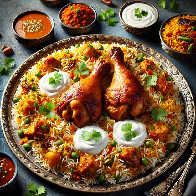 Photo a plate of vibrant chicken biryani with grilled chicken legs fresh herbs yogurt sauce and curry