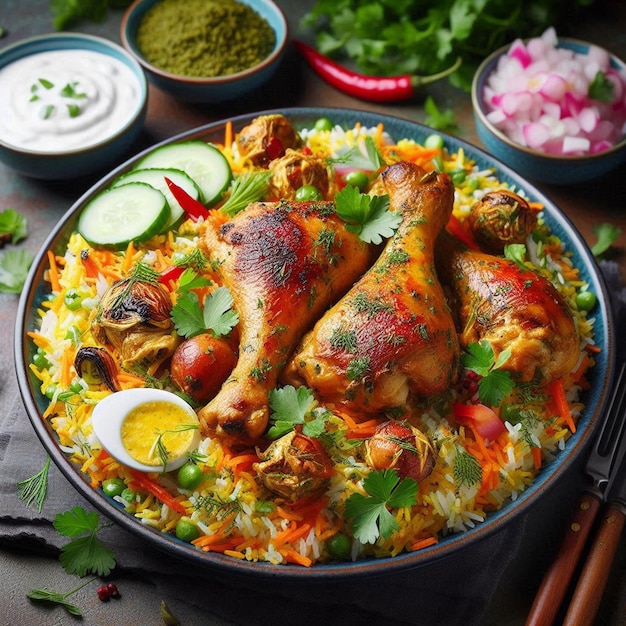 Photo a plate of vibrant chicken biryani with grilled chicken legs fresh herbs yogurt sauce and curry