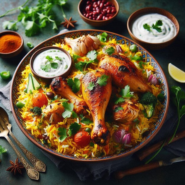 Photo a plate of vibrant chicken biryani with grilled chicken legs fresh herbs yogurt sauce and curry