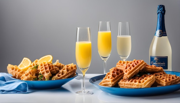 a plate of waffles and glasses of juice are on a table with two glasses of orange juice