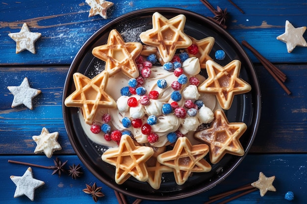 A plate of waffles with stars and the stars on it