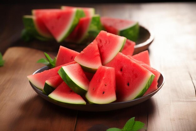 a plate of watermelon has a few slices of watermelon on it