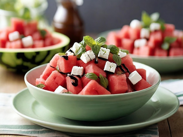 a plate of watermelon and melon with a cup of coffee