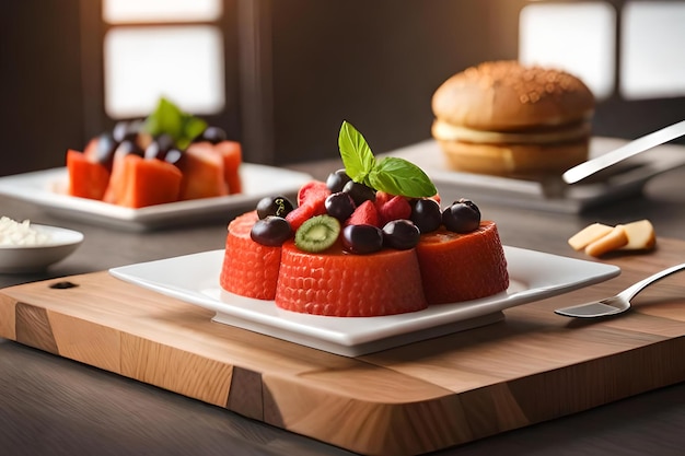 A plate of watermelon salad with a hamburger on it