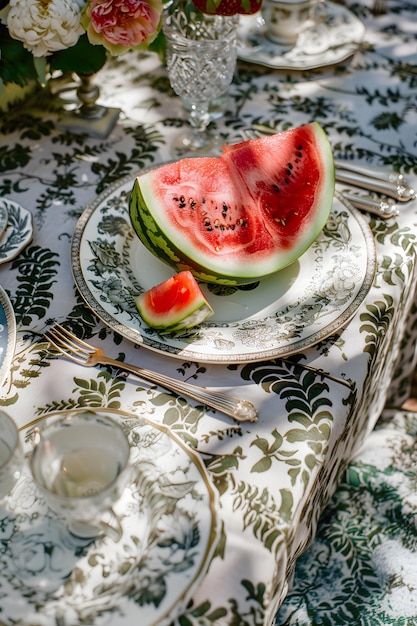 a plate of watermelon slices on a table with a knife and fork