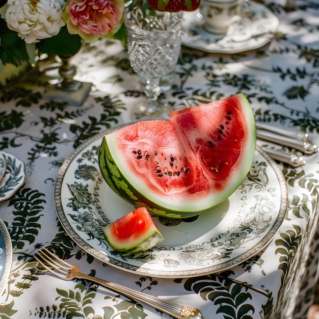 a plate of watermelon slices on a table with a knife and fork