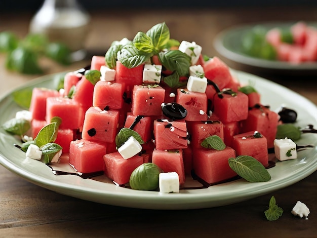 a plate of watermelon with a bunch of vegetables on it