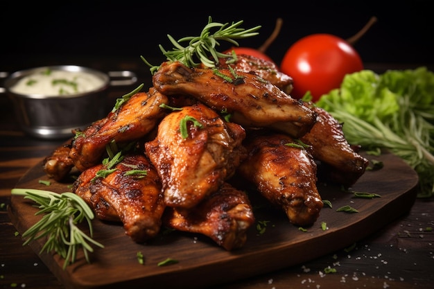 a plate of wings with rosemary sprigs