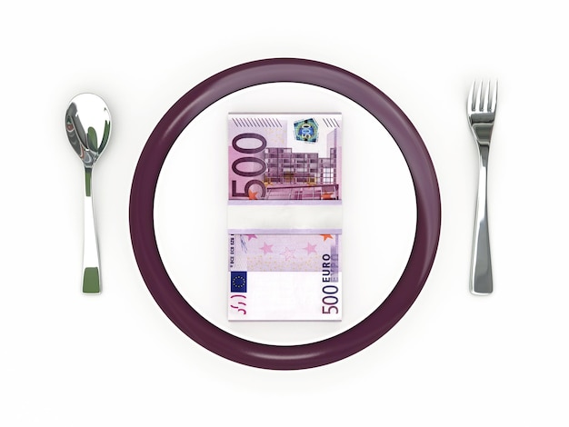 A plate with a 5 euro note on it and a fork and knife on it.