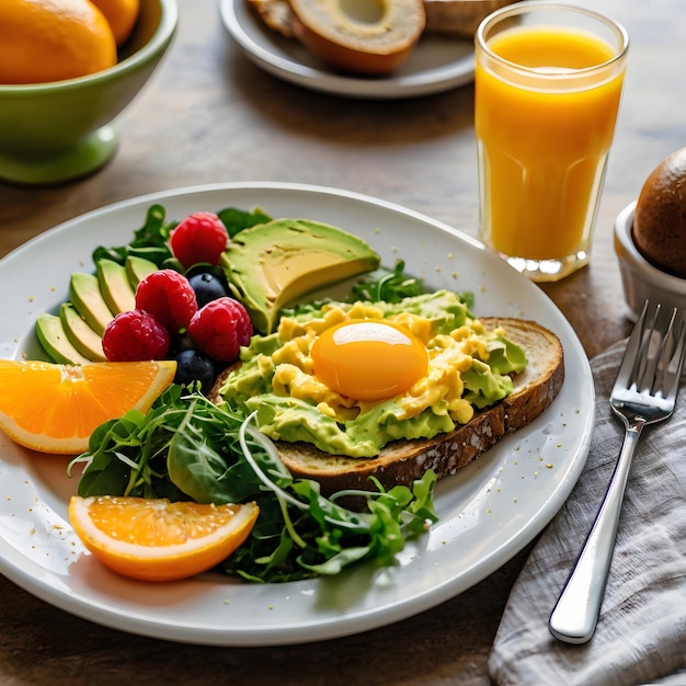 A plate with an appetizing breakfast