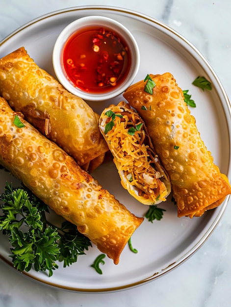 Photo a plate with asian spring rolls and sauce