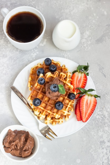 Plate with belgian waffles with chocolate sauce and mint on a light gray background