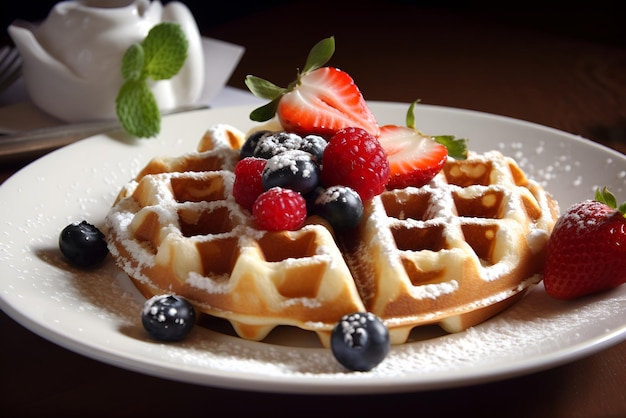 A plate with belgian waffles with fresh berries Generated AI