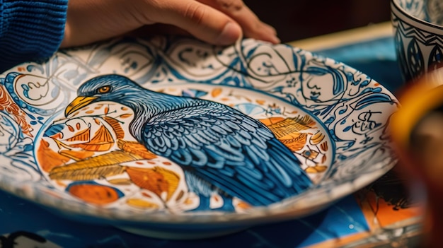 A plate with a blue bird on it