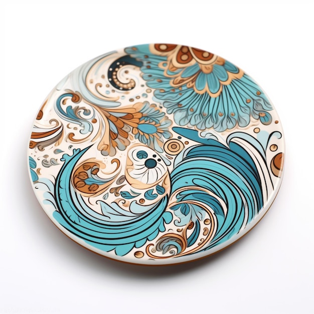 A plate with a blue and brown design on it