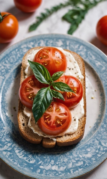 a plate with a blue and white plate with a sandwich on it