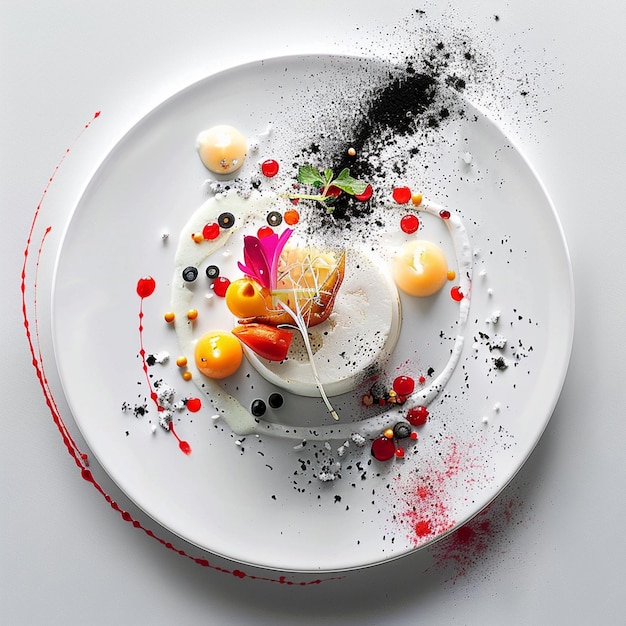 a plate with a bowl of fruit and a piece of fruit on it