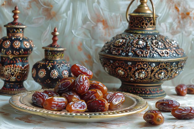 a plate with a bowl of nuts and a plate with a large vase with a large one that says  pomegranate