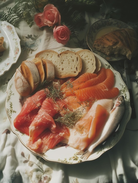 a plate with bread fish and meat sitting on it