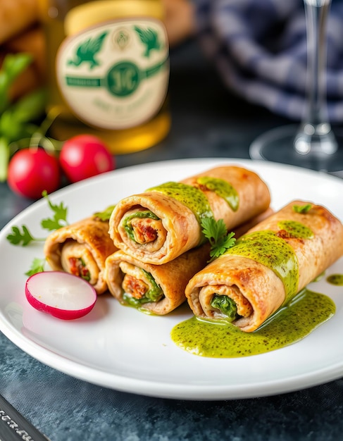 a plate with a burrito and a bottle of gravy on it