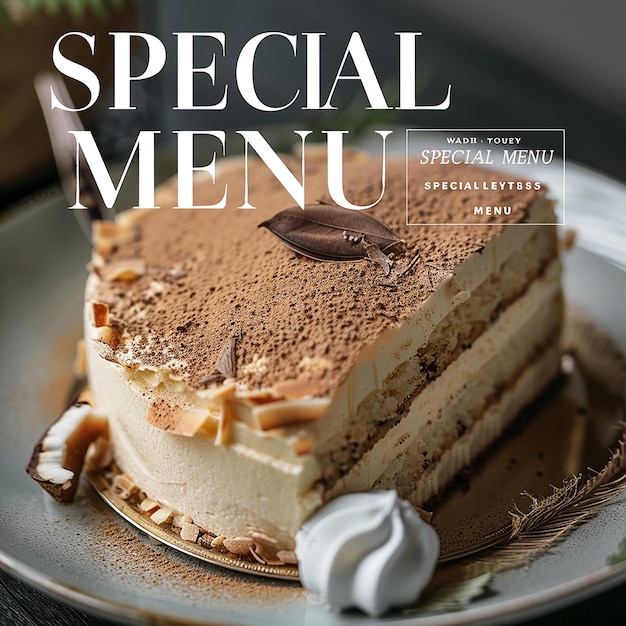 a plate with a cake that says special menu