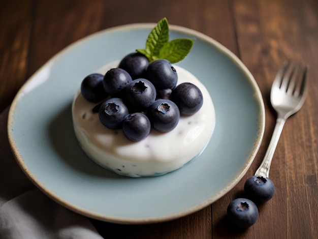 a plate with a cake with blueberries and a spoon on it