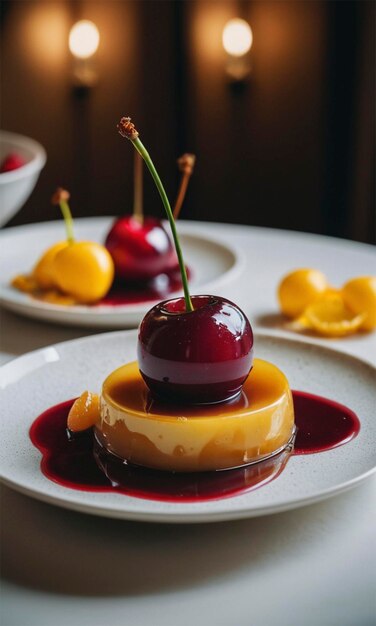 a plate with a cherry on it and a red cherry on the top