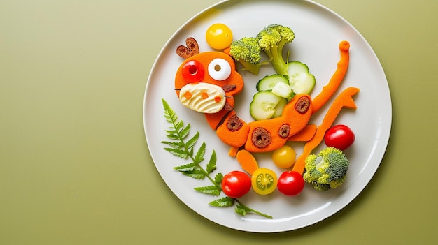 A plate with children food in the shape of an animal on light green color background