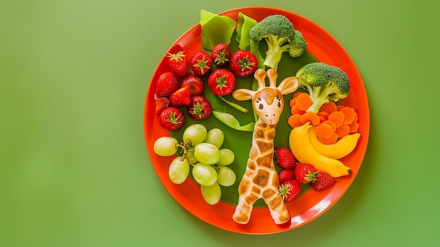 Photo a plate with children food in the shape of an animal on light green color background